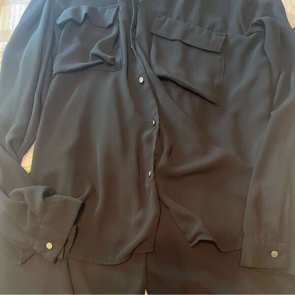 Ladies Zara Semi Sheer Black Shirt Size L Collarless Long Length Gold Buttons - Picture 6 of 6